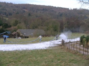 Photograph of artificial snow being sprayed to set the wintry scene for the film The Holiday.